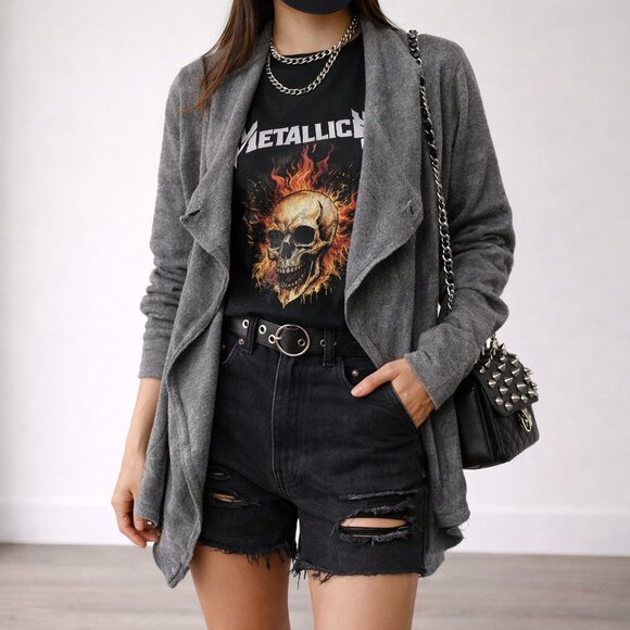 Sweaters - Distressed Knit Sweater M Gray Black White Oversized Grunge Chunky